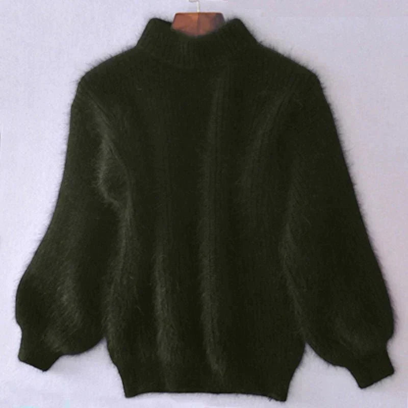 Women's Fluffy Knit Turtleneck Sweater in Bottle Green