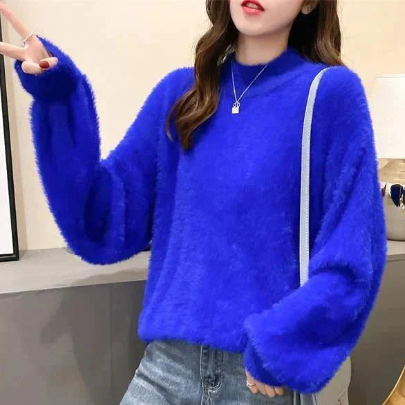 Women's Fluffy Knit Turtleneck Sweater in Cobalt Blue