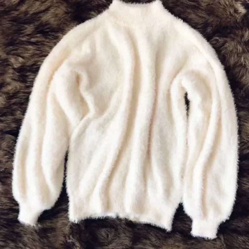 Women's Fluffy Knit Turtleneck Sweater in Cream