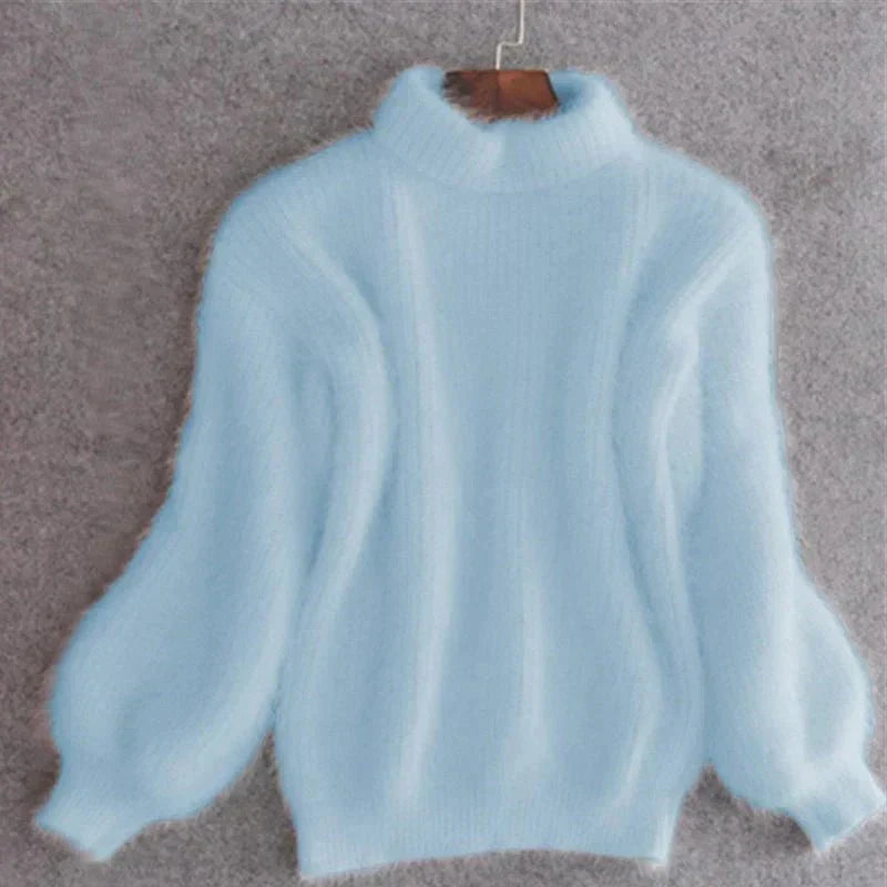 Women's Fluffy Knit Turtleneck Sweater in Light Blue