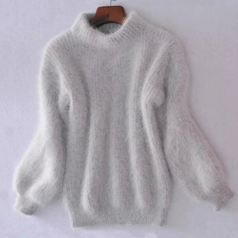 Women's Fluffy Knit Turtleneck Sweater in Light Grey