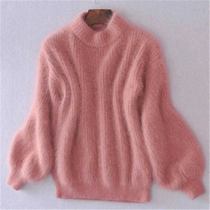 Women's Fluffy Knit Turtleneck Sweater in Light Pink