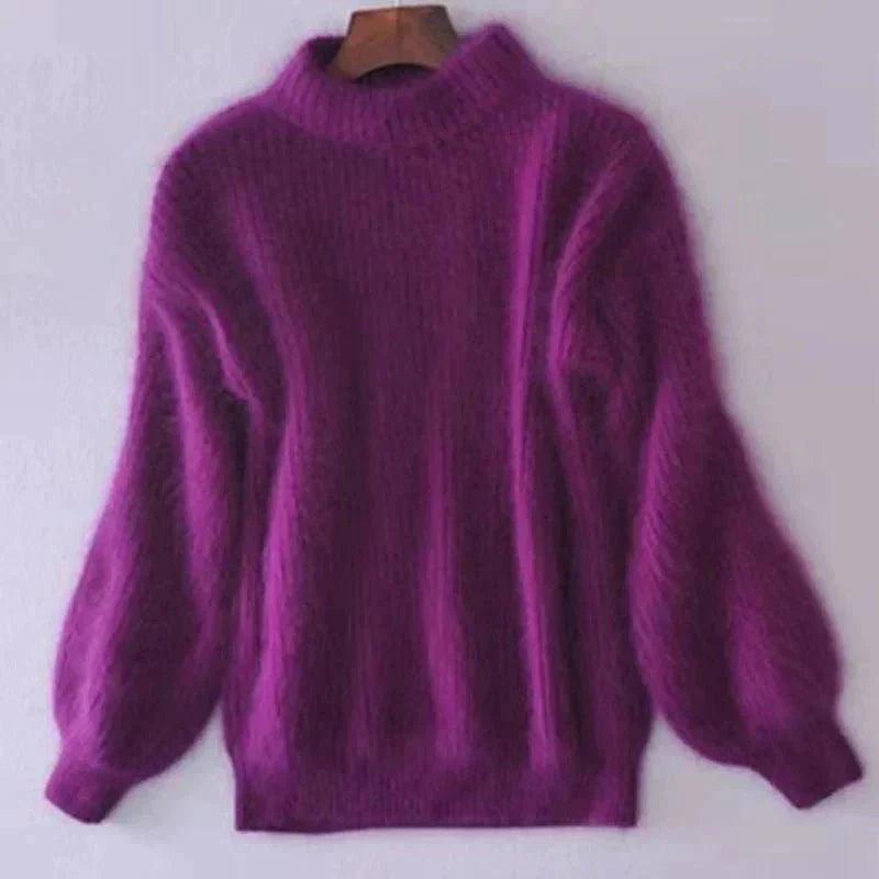 Women's Fluffy Knit Turtleneck Sweater in Purple