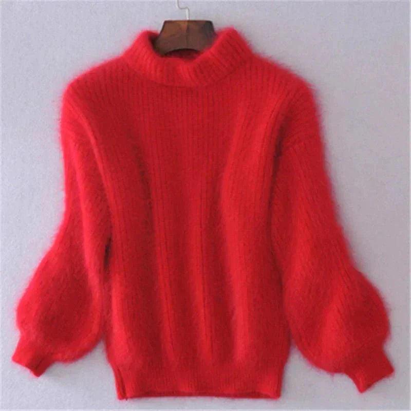 Women's Fluffy Knit Turtleneck Sweater in Red