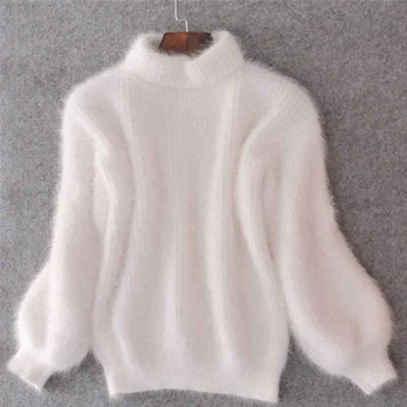 Women's Fluffy Knit Turtleneck Sweater in White