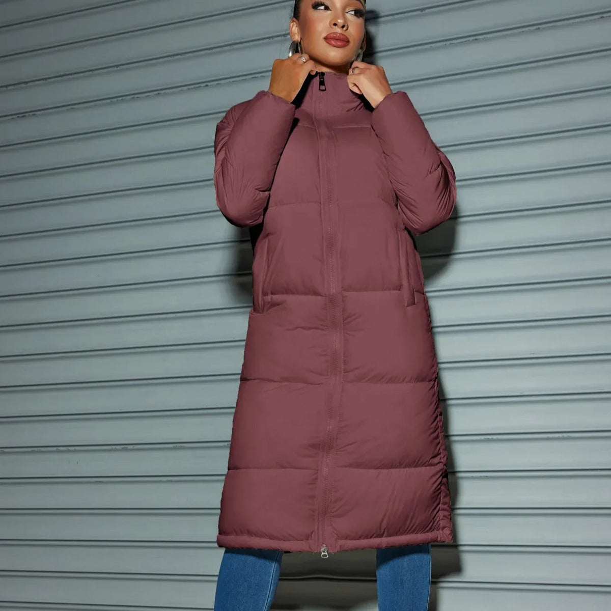 Women's Funnel Neck Puffer Winter Jacket in Burgundy