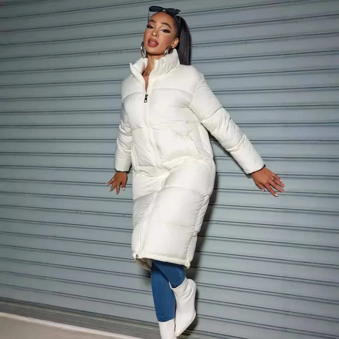 Women's Funnel Neck Puffer Winter Jacket in Cream