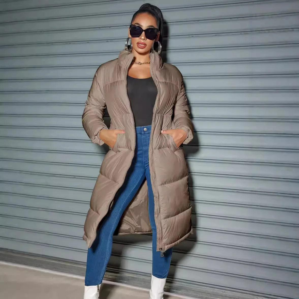 Women's Funnel Neck Puffer Winter Jacket in Mocha