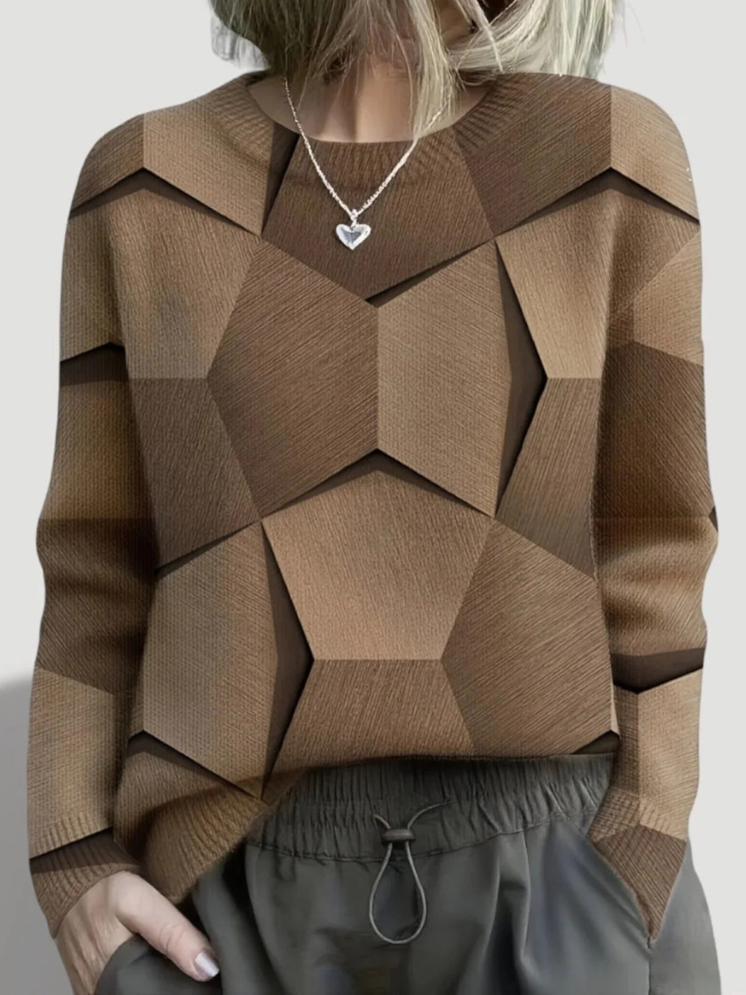 Women's Geometric Print Knit Sweater in Brown