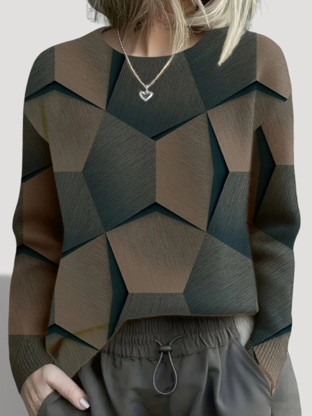 Women's Geometric Print Knit Sweater in Charcoal Grey