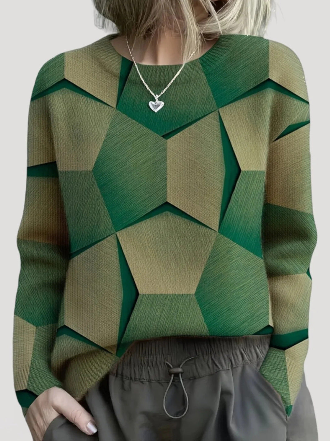 Women's Geometric Print Knit Sweater in Green