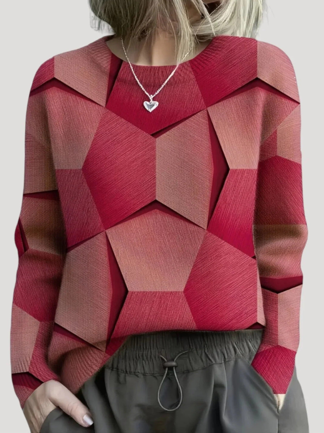 Women's Geometric Print Knit Sweater in Raspberry