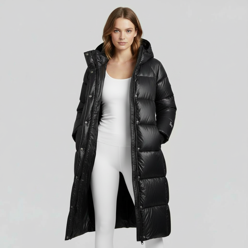Women's Glossy Long Puffer Winter Jacket in Black