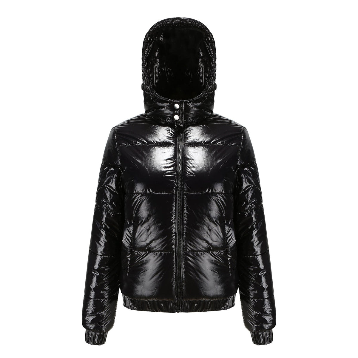 Women's Glossy Puffer Winter Jacket in Black
