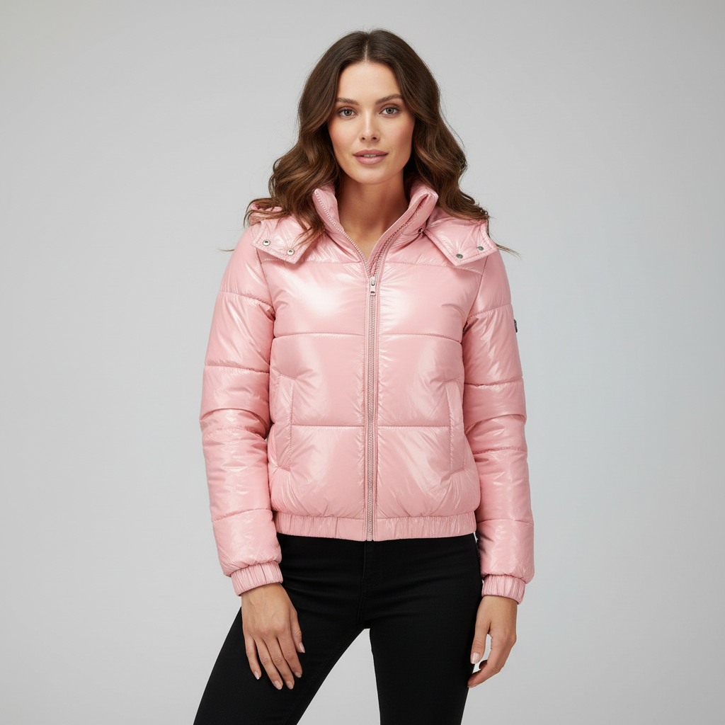 Women's Glossy Puffer Winter Jacket in Pink