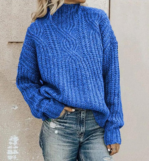 Women's High Neck Knit Sweater in Blue