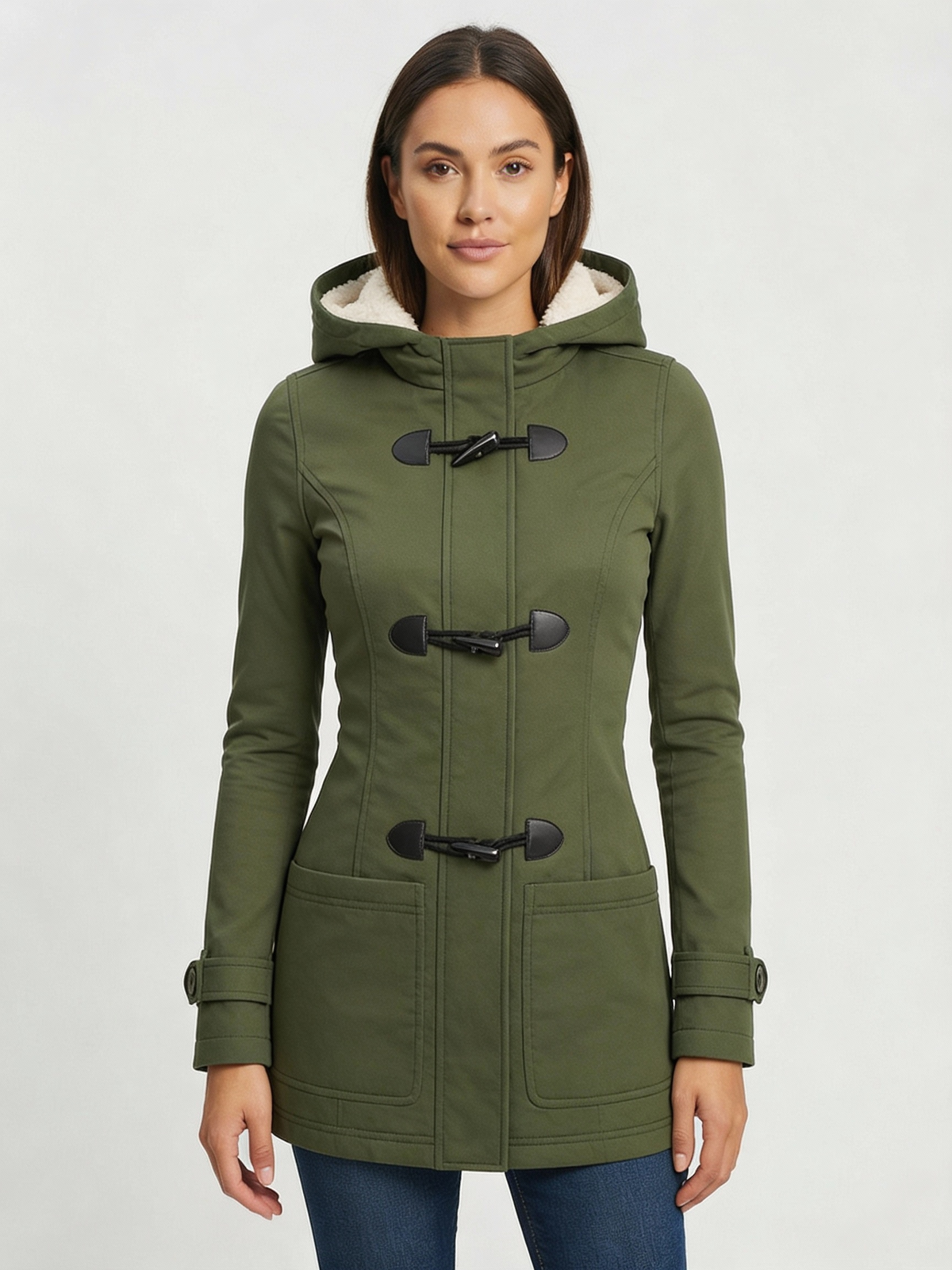 Women's Hooded Duffle Winter Jacket in Olive Green