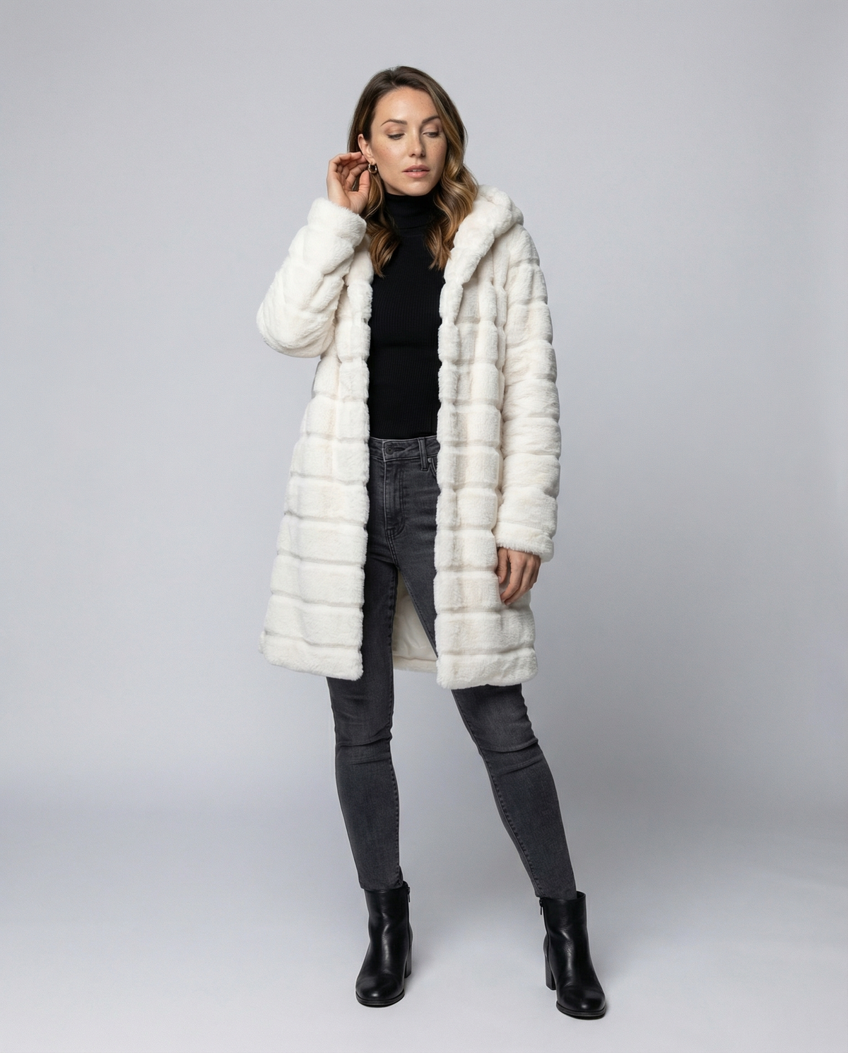 Women's Hooded Faux Fur Winter Jacket in Cream