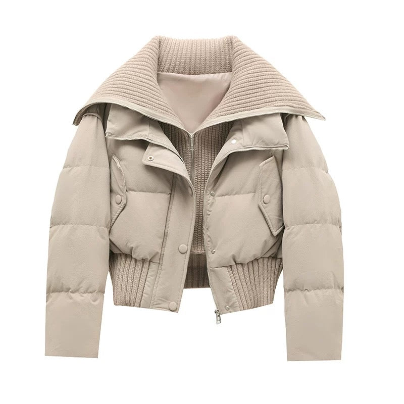 Women's Knit Collar Puffer Winter Jacket in Beige