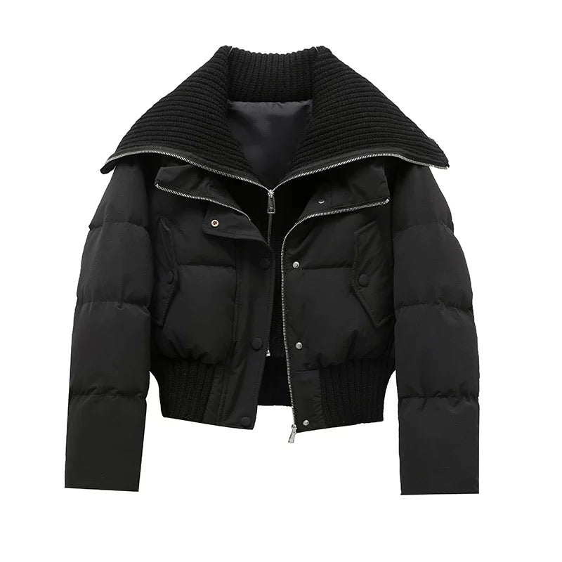Women's Knit Collar Puffer Winter Jacket in Black