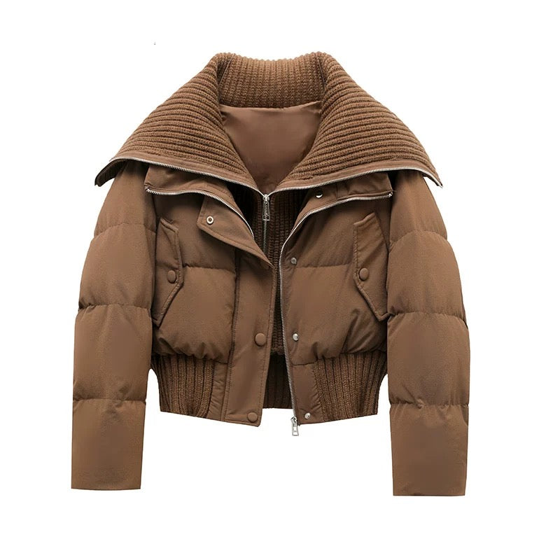 Women's Knit Collar Puffer Winter Jacket in Brown