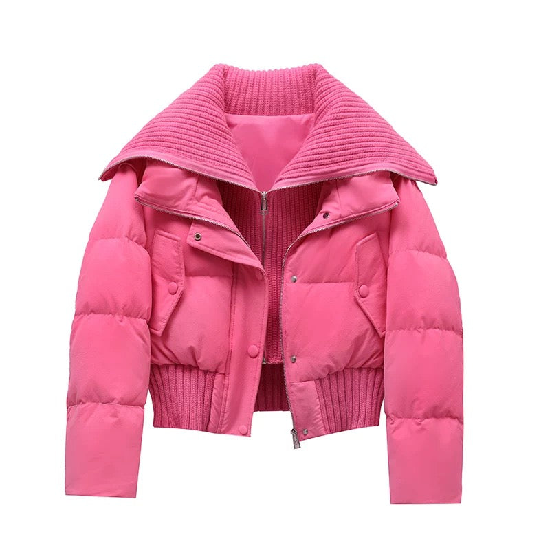 Women's Knit Collar Puffer Winter Jacket in Fuchsia