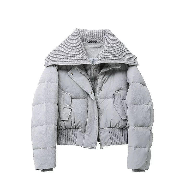 Women's Knit Collar Puffer Winter Jacket in Grey