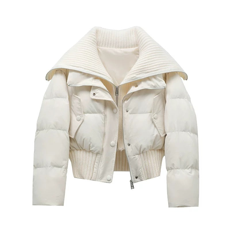 Women's Knit Collar Puffer Winter Jacket in Ivory