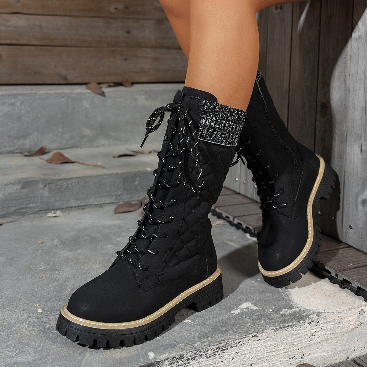 Women's Lace Up Knee High Winter Boots in Black