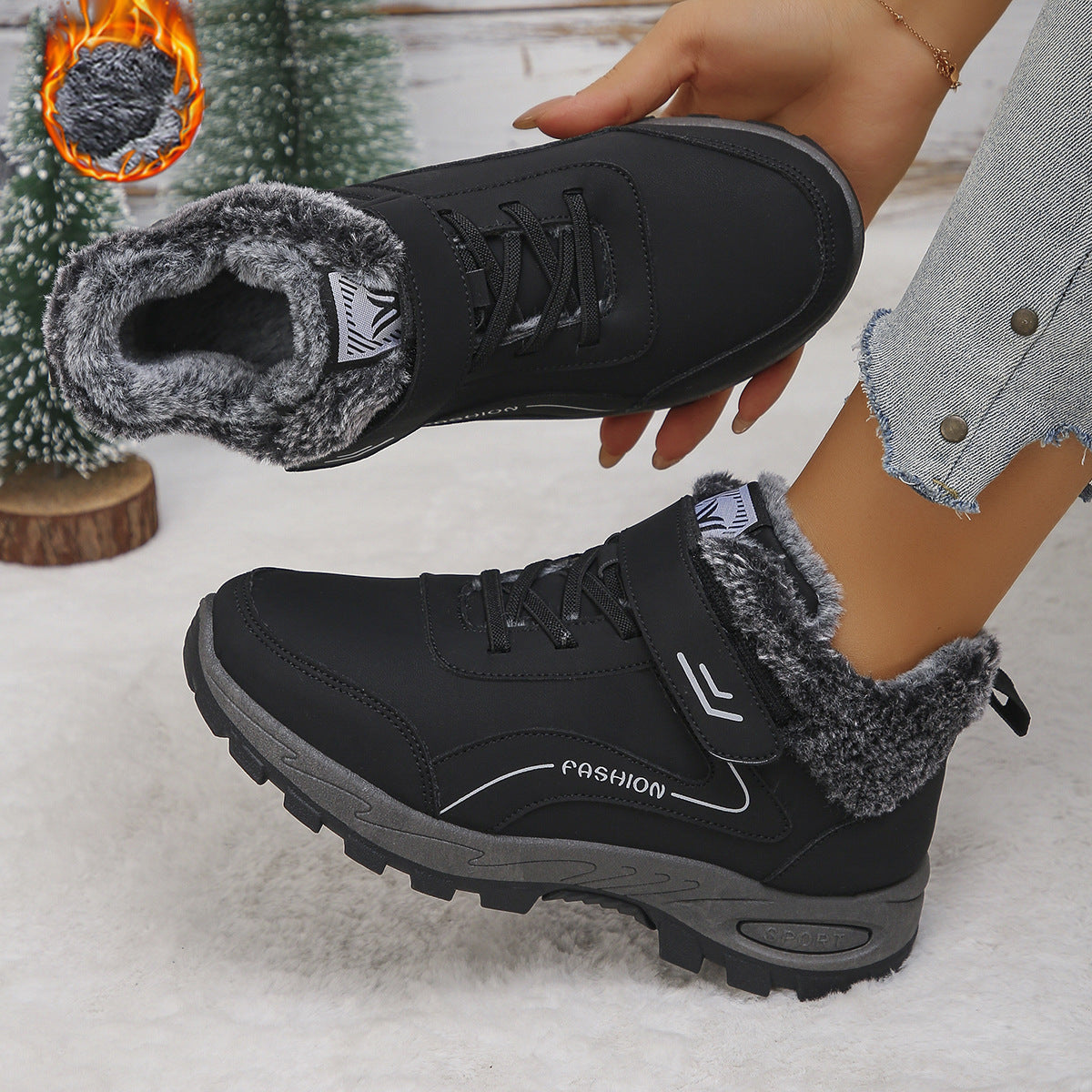 Women's Lace Up Trainer Winter Boots in Black