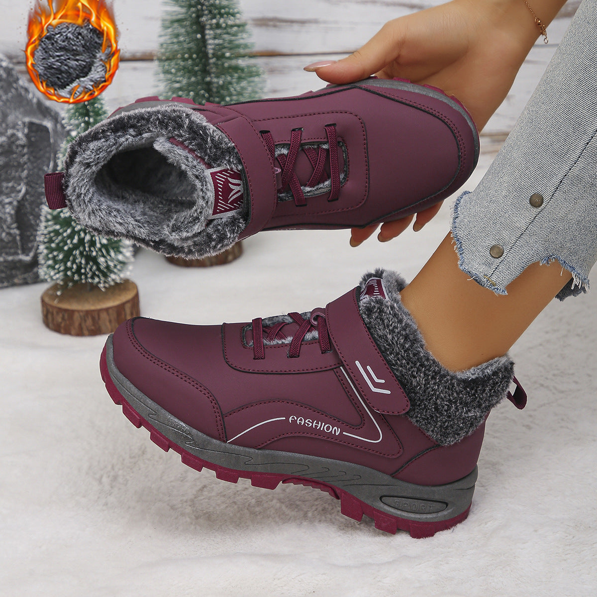 Women's Lace Up Trainer Winter Boots in Burgundy