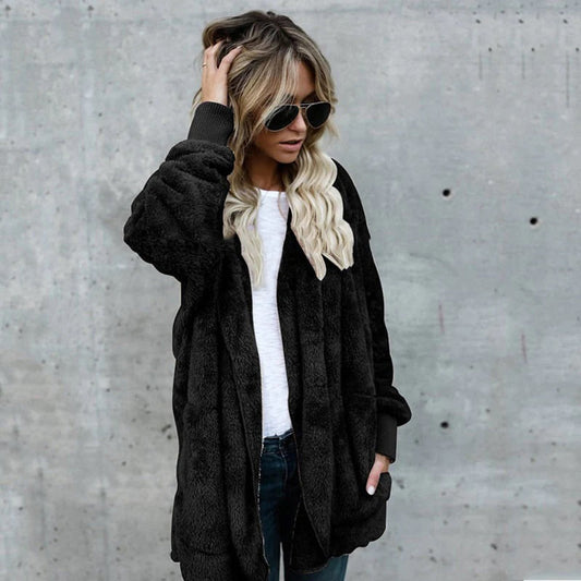 Women's Long Fleece Cardigan in Black