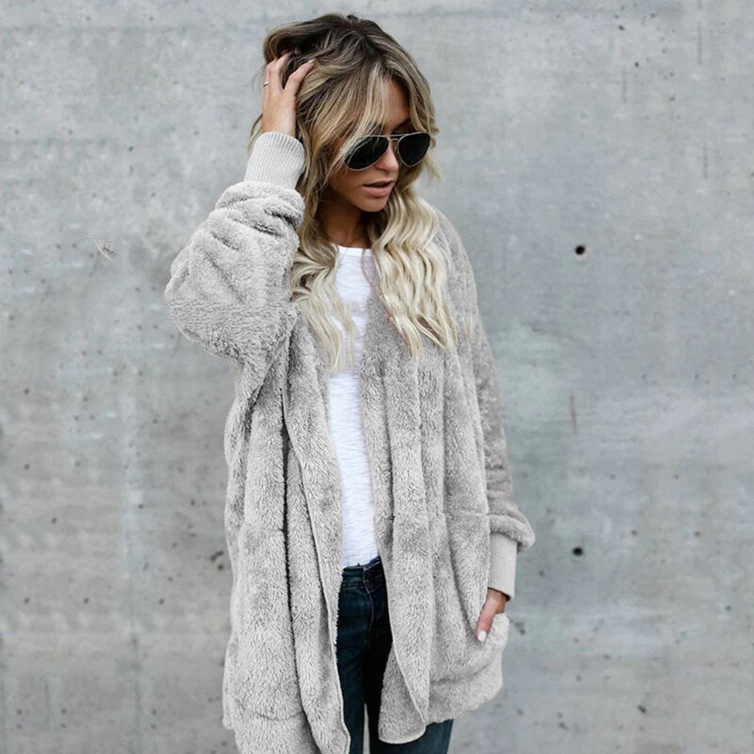 Women's Long Fleece Cardigan in Light Grey