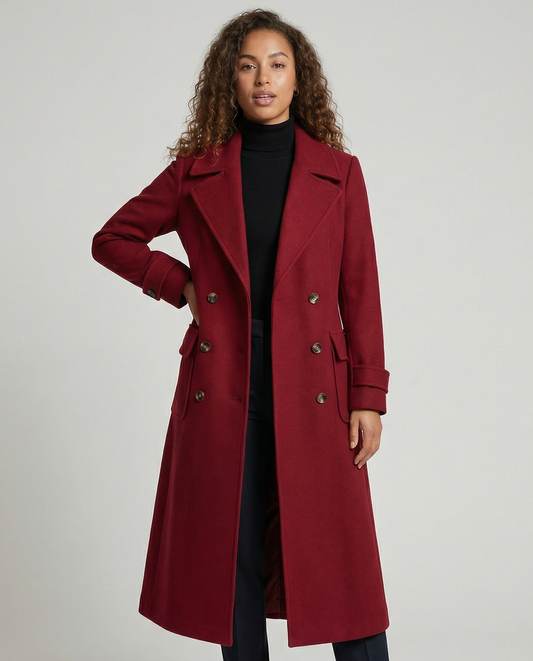Women's Longline Double Breasted Coat in Burgundy