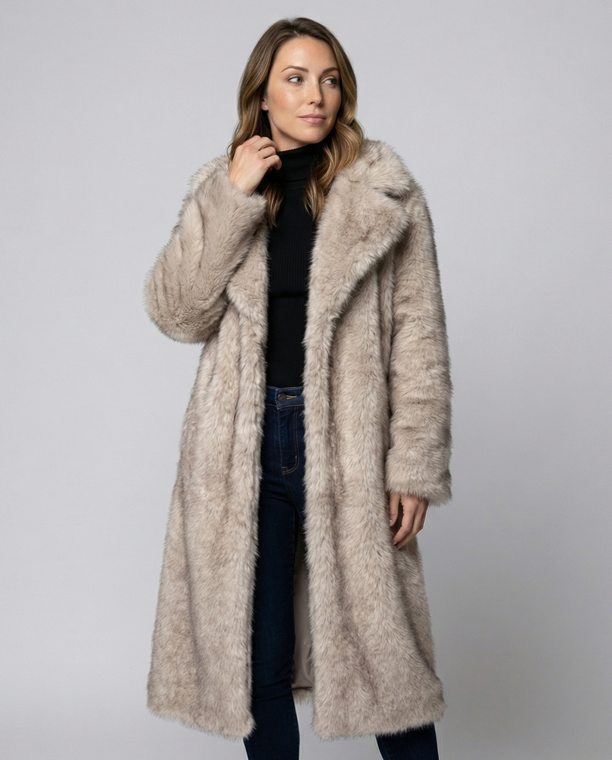Women's Longline Faux Fur Coat in Grey