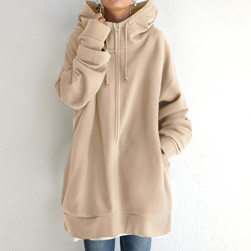 Women's Longline Fleece Hoodie in Beige