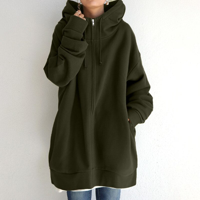 Women's Longline Fleece Hoodie in Olive Green
