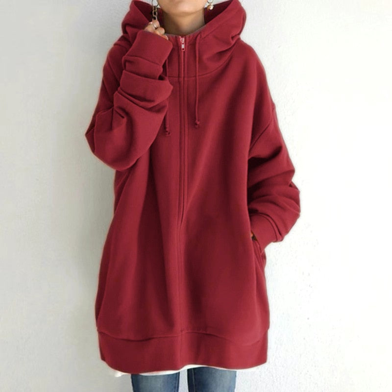 Women's Longline Fleece Hoodie in Red