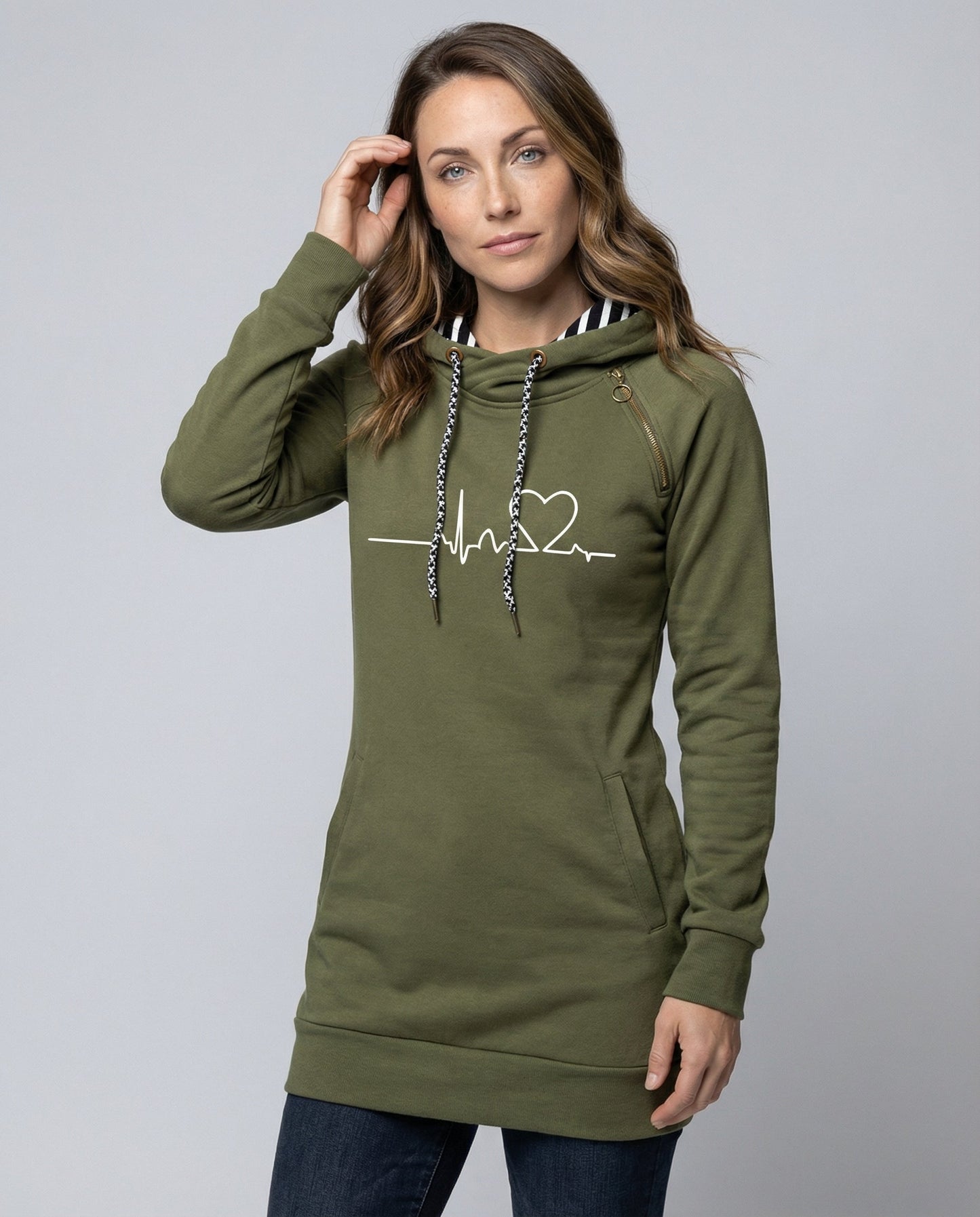 Women's Longline Printed Hoodie in Green