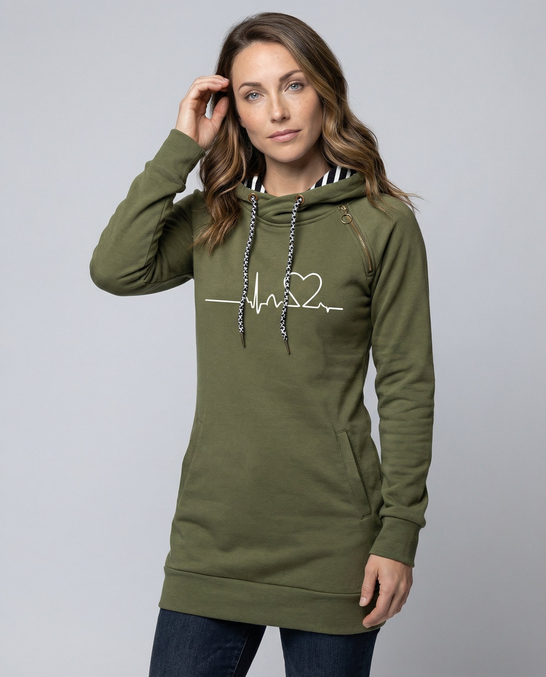 Women's Longline Printed Hoodie in Green