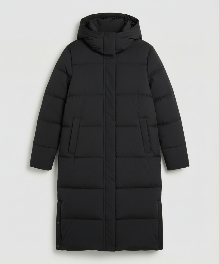 Women's Longline Puffer Winter Jacket in Black