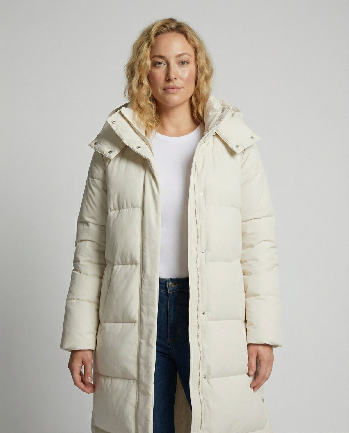 Women's Longline Puffer Winter Jacket in Off White
