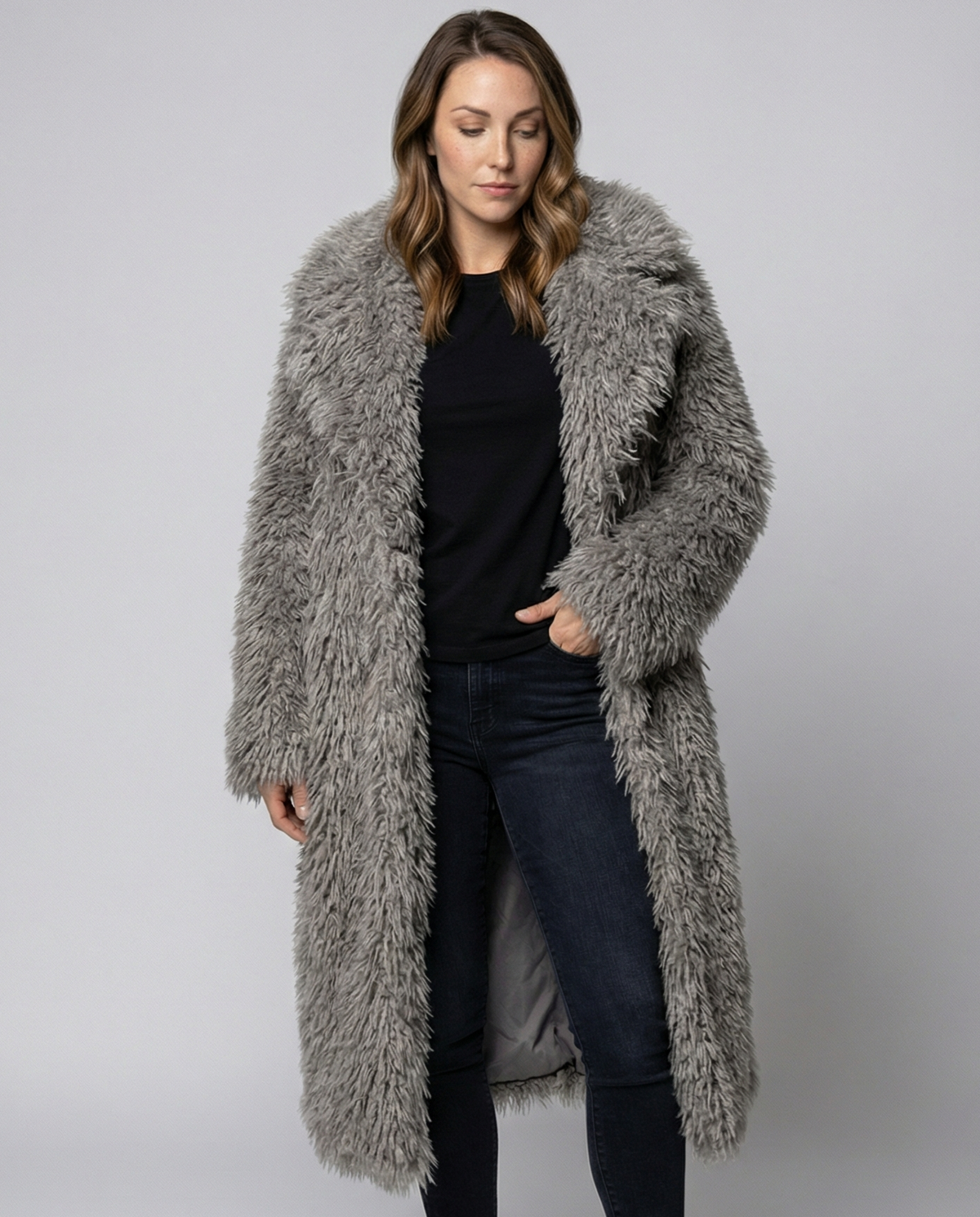 Women's Longline Shaggy Coat in Grey