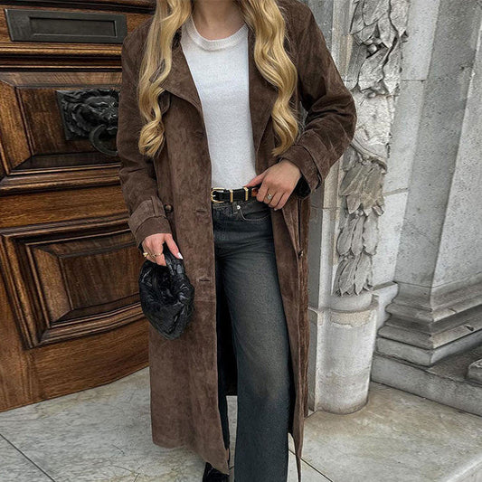 Women's Longline Suede Coat in Dark Brown