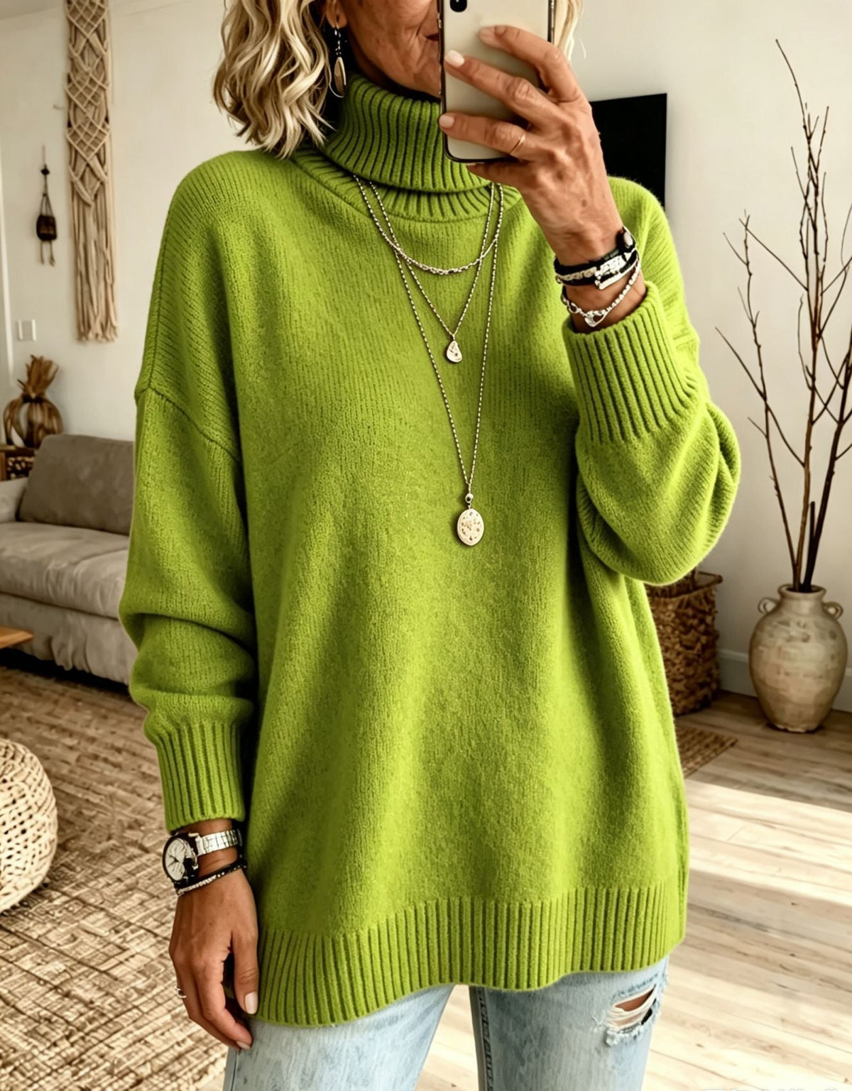 Women's Longline Turtleneck Sweater in Apple Green