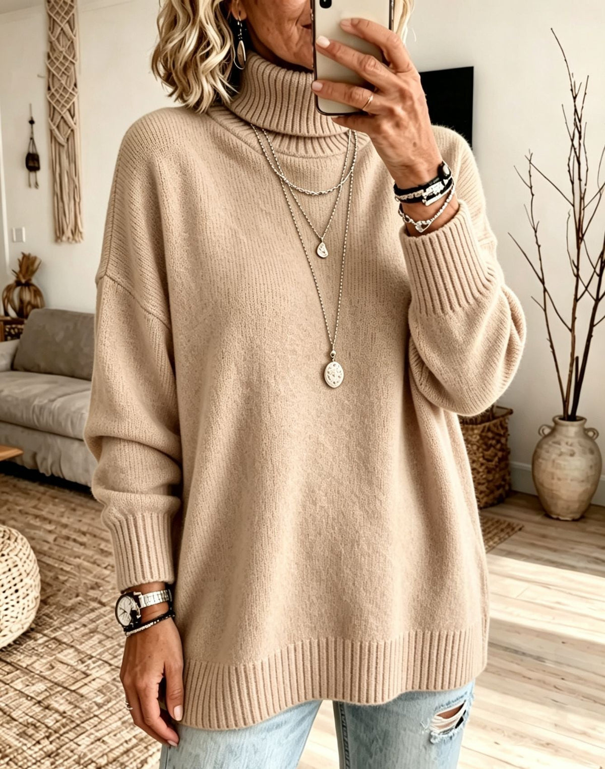 Women's Longline Turtleneck Sweater in Beige