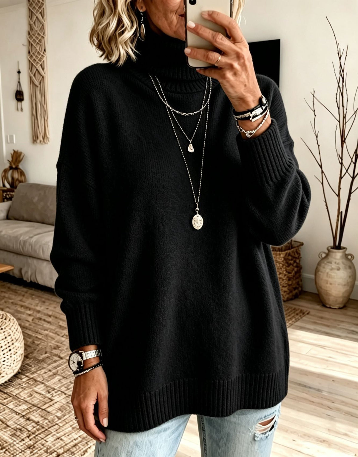 Women's Longline Turtleneck Sweater in Black