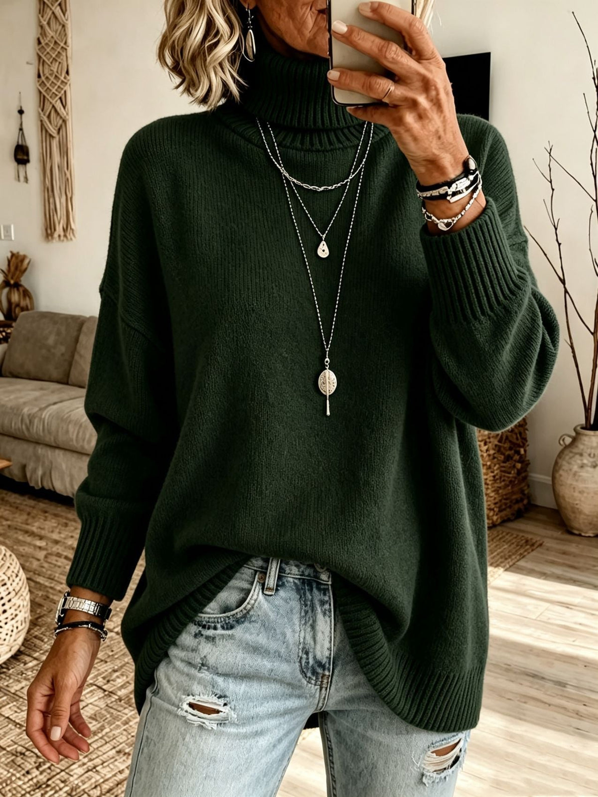 Women's Longline Turtleneck Sweater in Bottle Green
