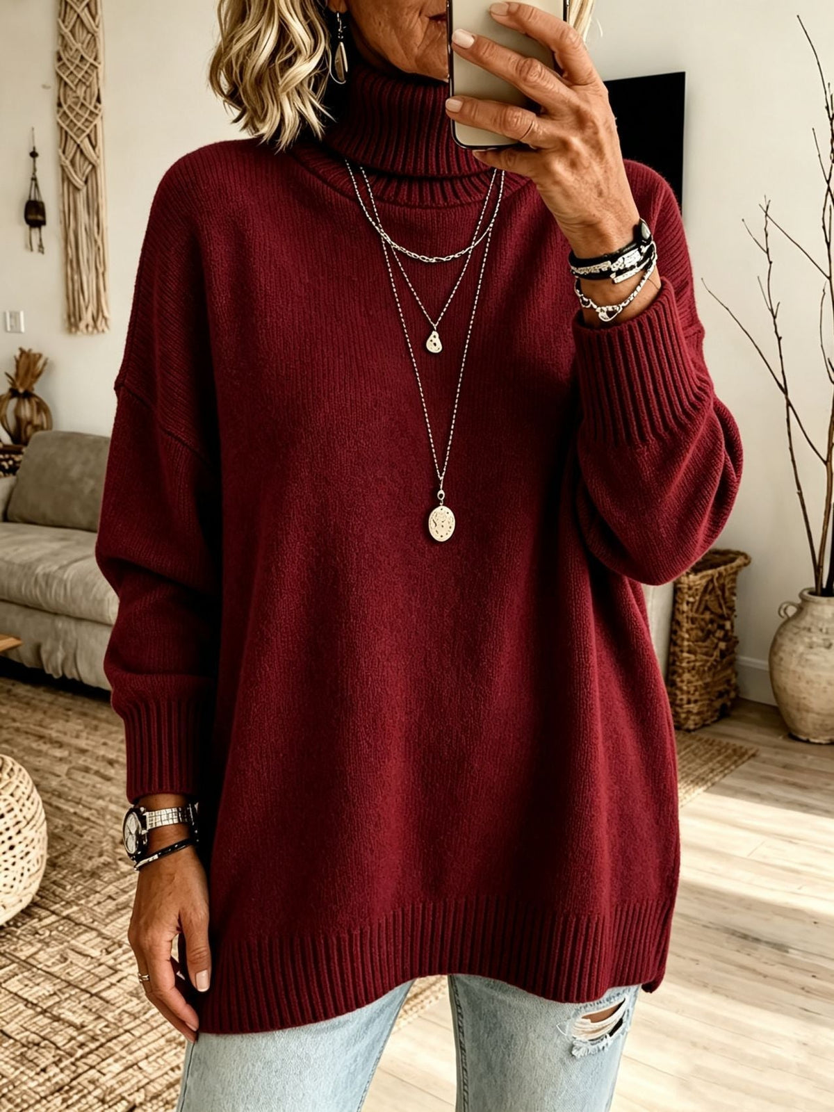 Women's Longline Turtleneck Sweater in Burgundy