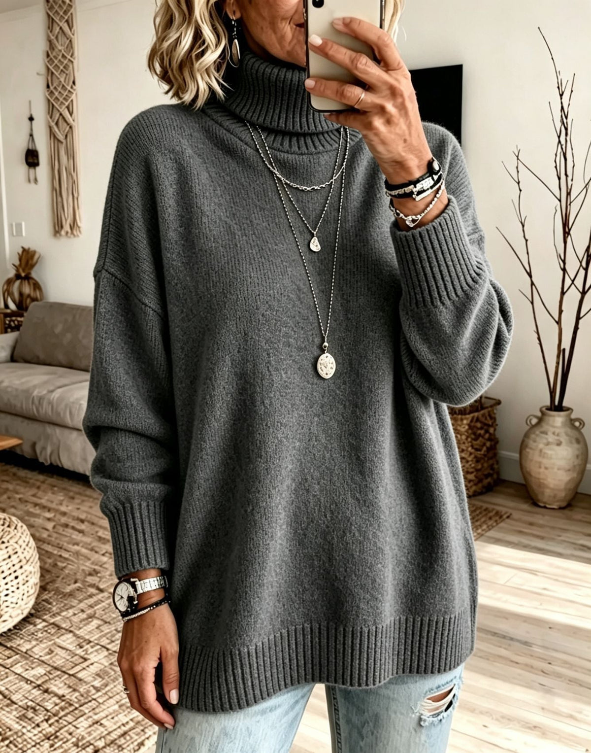 Women's Longline Turtleneck Sweater in Charcoal Grey
